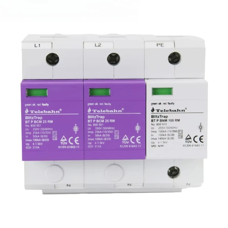25kA 10/350μs 2P+NPE T1 Two-Phase SPD Lightning Arrester Surge Protection Device TUV Certified IP20