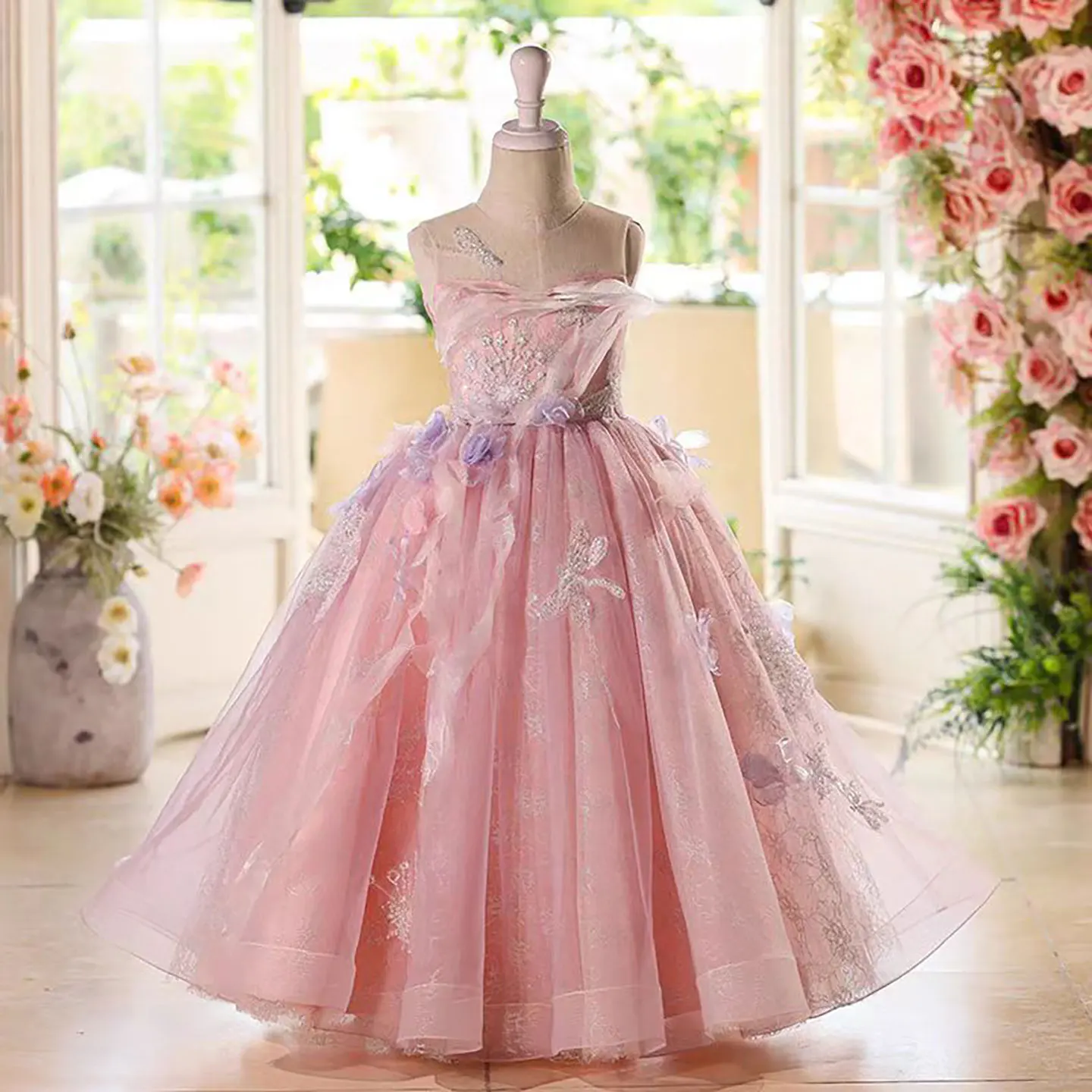 

Розовое тюлевое платье для девочек-цветочниц, дизайн без бретелек с 3D цветочной вышивкой и пайетками, бальное платье-юбка для свадьбы/вечеринки