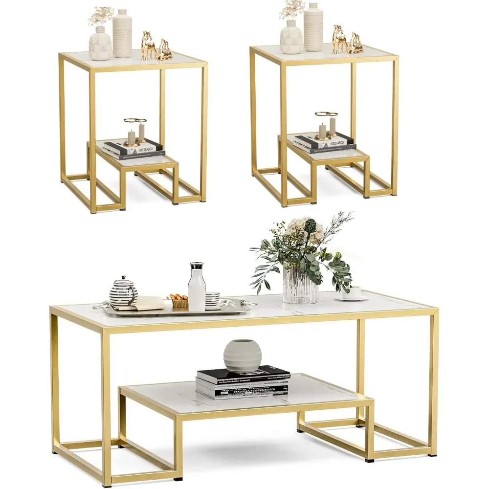 Moderno Conjunto De Mesa De Café Em Mármore, 2 Mesa Lateral Com Moldura De Metal Dourado E Prateleira De Armazenamento, Conjuntos De Mesa De Sala De Estar, 3 PCs