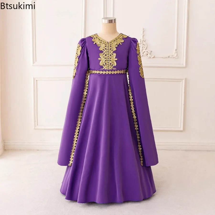 

Детское платье для девочек из Дубая, Ближний Восток, с длинными рукавами, в стиле пэчворк, мусульманская абайя, роскошное праздничное платье принцессы, платье для молитв на Рамадан