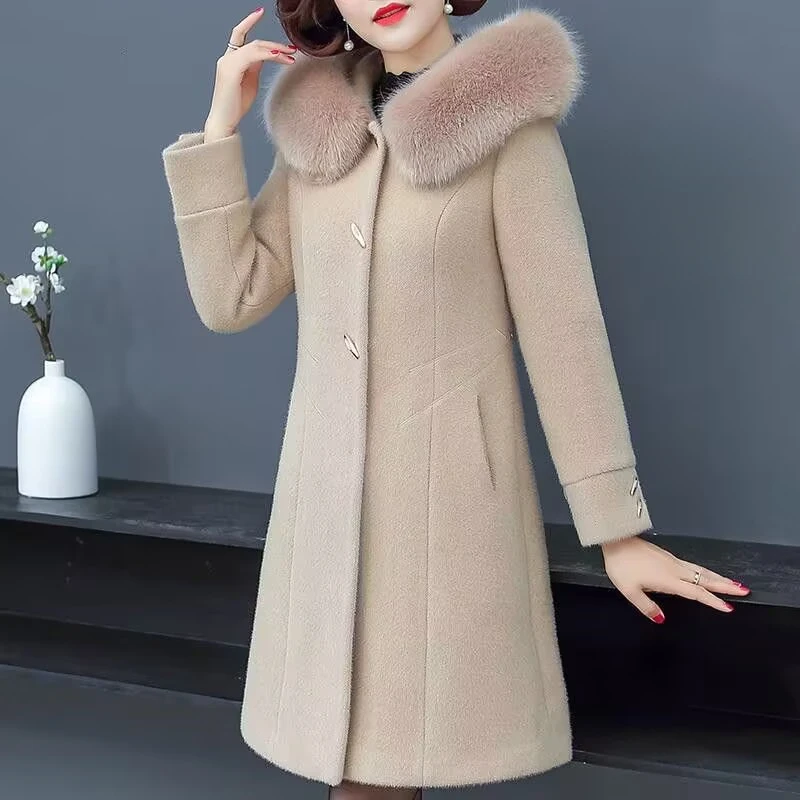 

Women's Mid-Length Faux Mink Hooded Woolen Coat, Warm Outwear, Mom Outfit, Middle-Aged Women Fashion, Large Size, Winter, New