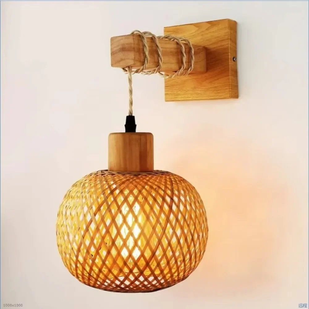 Japanese Bamboo Woven Creative Bamboo Wall Small Chandelier Wooden Base Bedroom Hotel Living Room Bamboo Wall Ball Shape Lamp