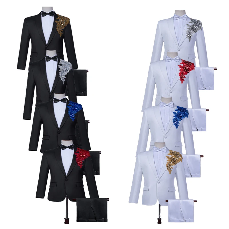 

Single Shoulder Sequin Decal Suits for Men,White/Gold&silver Flower Art Exam/choir Performance Host Singer Blazert+pants 2-Pcs