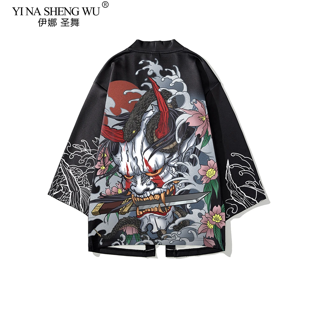 Summer Demon Snake Print Cardigan Men's Chinese Dragon Pattern Japanese Kimono Asian Plus Size Traditional Costume Cosplay Coat