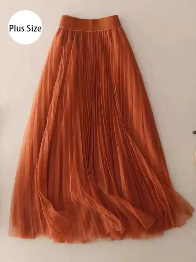 Cross-border plus-size women's mesh swing skirt, pleated skirt, mid-length skirt, mesh skirt, flowing A-line gauze skirt