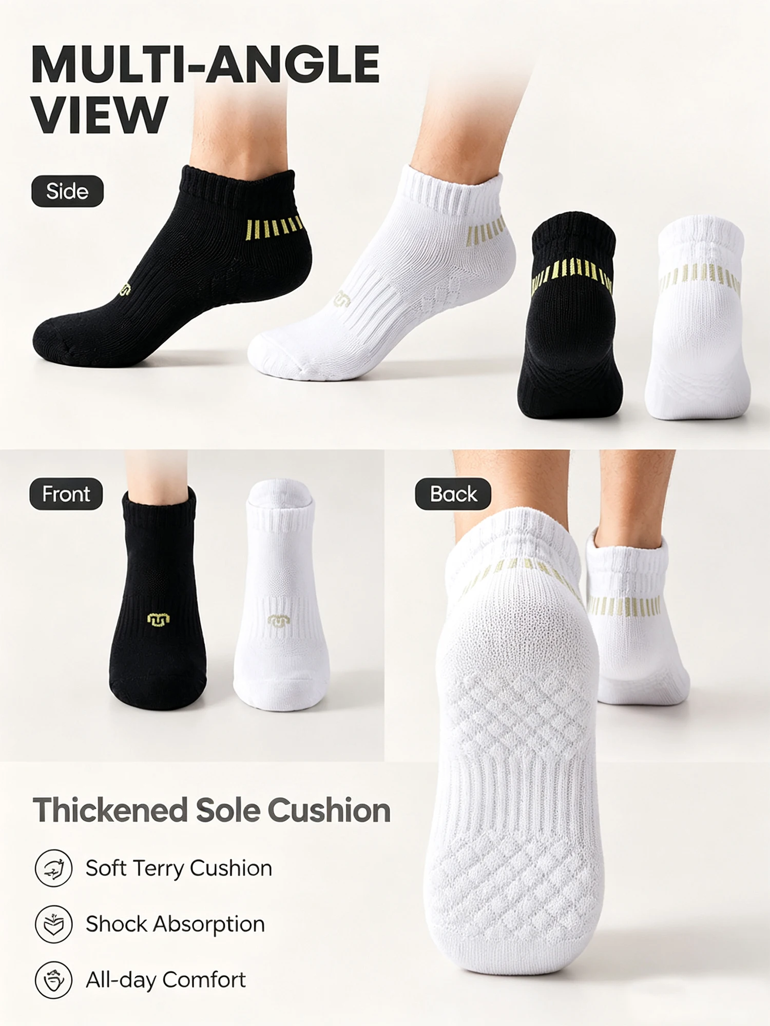 6 pairs Men Cushioned Sole Ankle Sports Socks Thick Plaid Terry Bottom Breathable Rib Knit Reinforced Heel Shock Absorbing