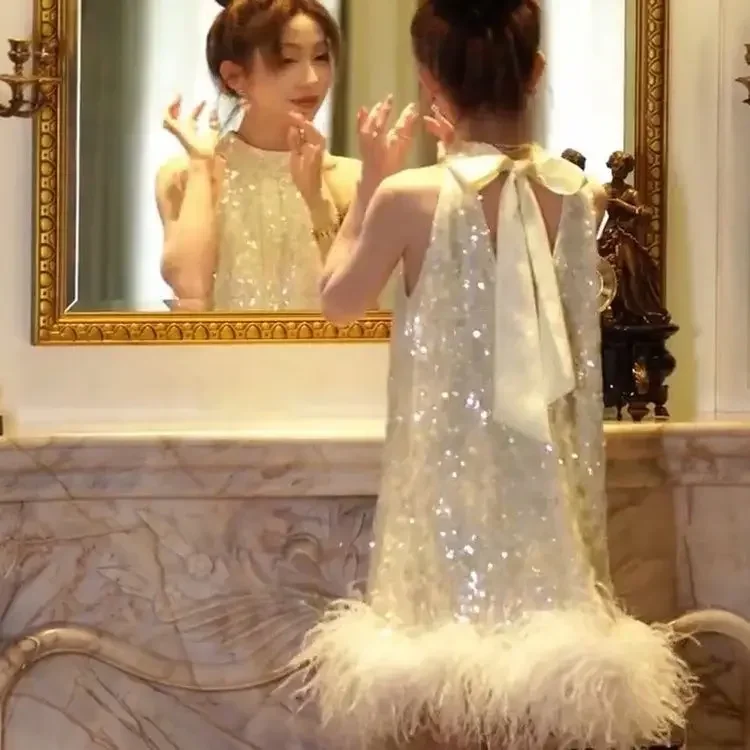 New High end Fairy French Halter Neck Sleeveless Dress Spring/Summer Fashion Loose Hollow Bow Knot A-line Short Dress for Women