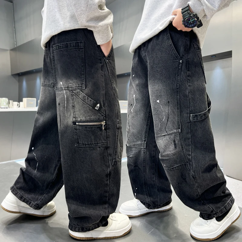 

High Quality Children Heavy Cotton Baggy Cargo Jeans with Pocket Tweens Boy Street Hip Hop Black Jeans Trousers Kids Denim Pants
