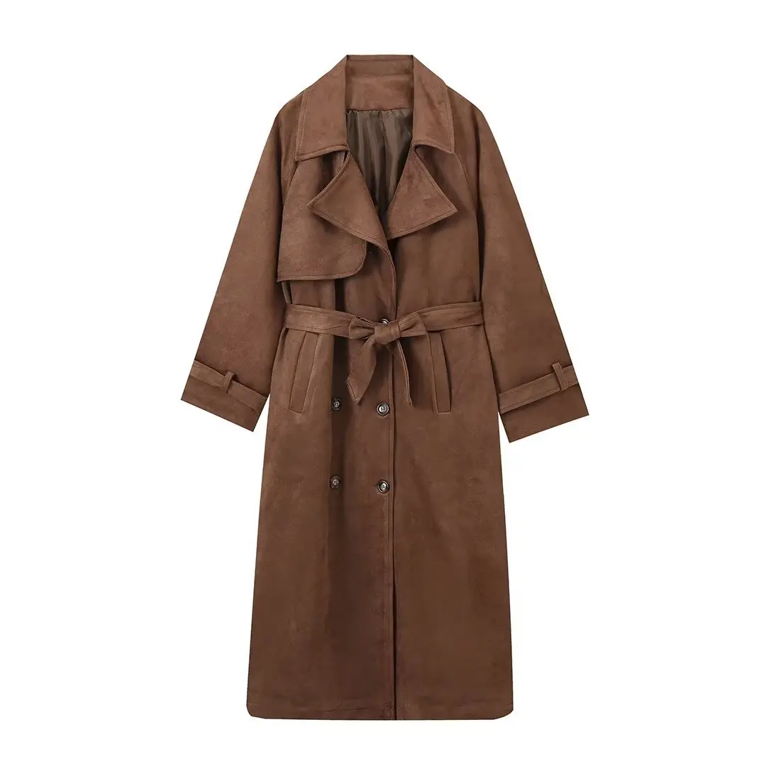 Suede Textured Fabric Long Trench Coat With Lace-Up Belt, Women's Velvet Dark Brown Loose Casual Autumn/Winter Double-Breasted C view 6