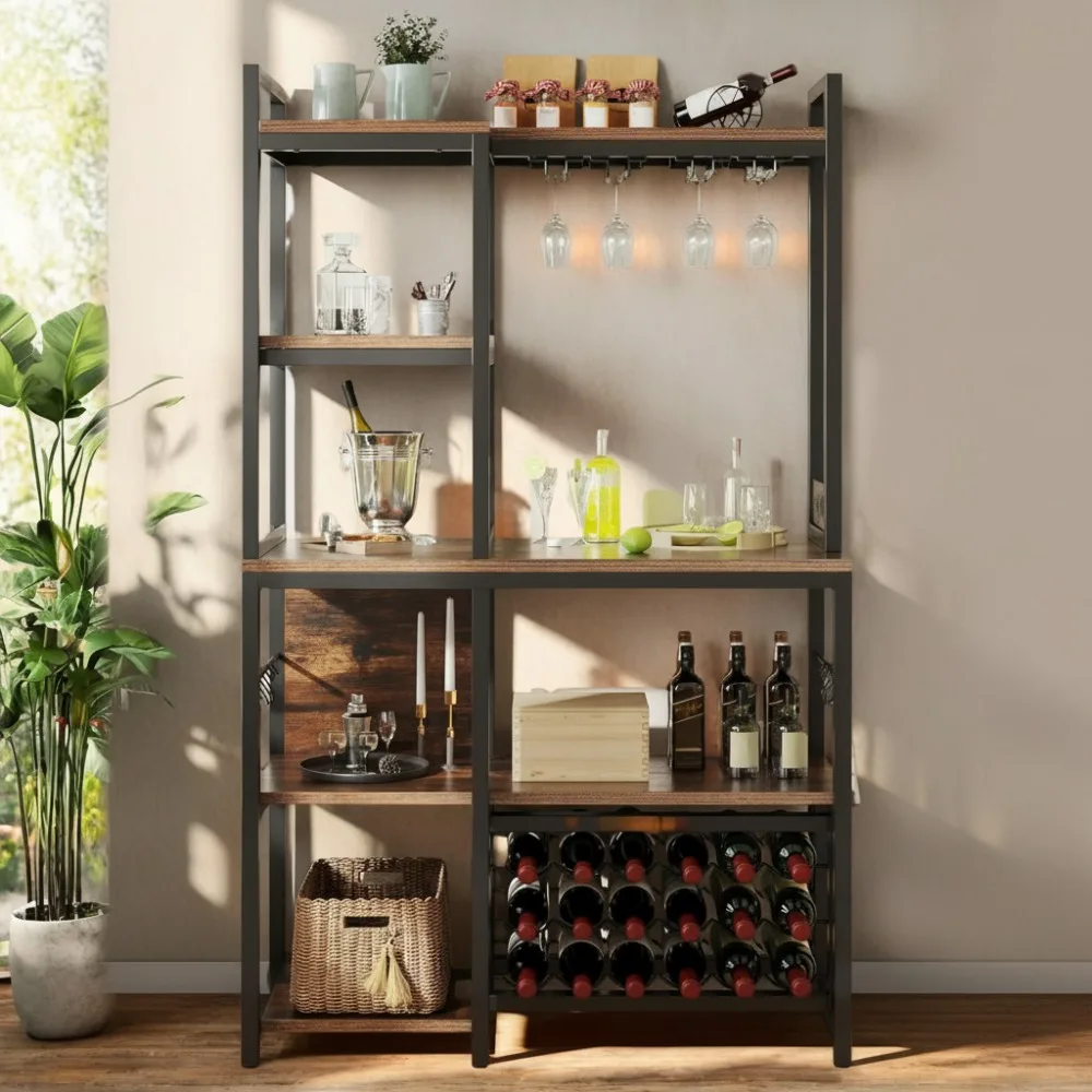 

Large 5-Tier Kitchen Storage Shelf with Power Outlets & Wine Rack, Rustic Brown Microwave Stand for Living Room Office