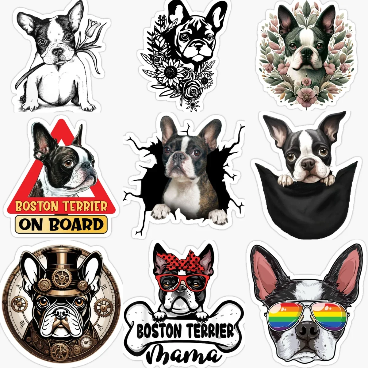 Boston Dog Creative Pet Cute Car Sticker for Decorate Car Van Bicycle Helmet Bumper Fridge Table Decal Accessories