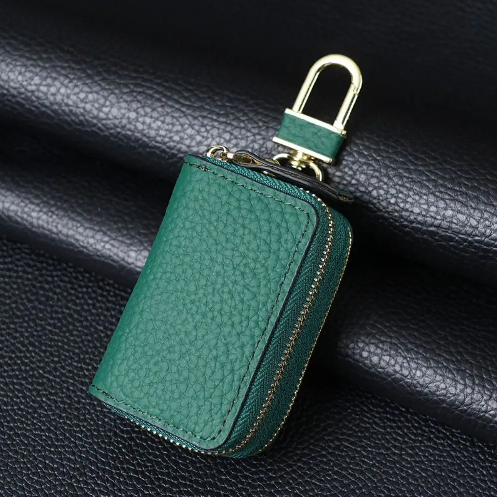 Unisex Double-Layer Car Key Bag Genuine Leather Lychee Pattern Car Key Protection Case Top Layer Cowhide Zipper