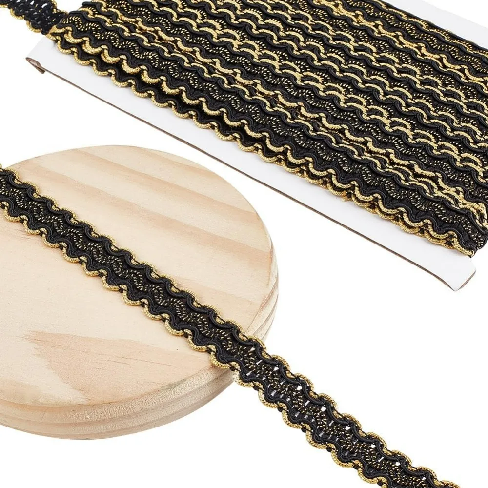 13 ياردة حواف جديلة سوداء 15 مللي متر/0.6 بوصة شريط زخرفي من البوليستر المنسوج من الدانتيل حافة سلك ذهبي على شكل حرف S