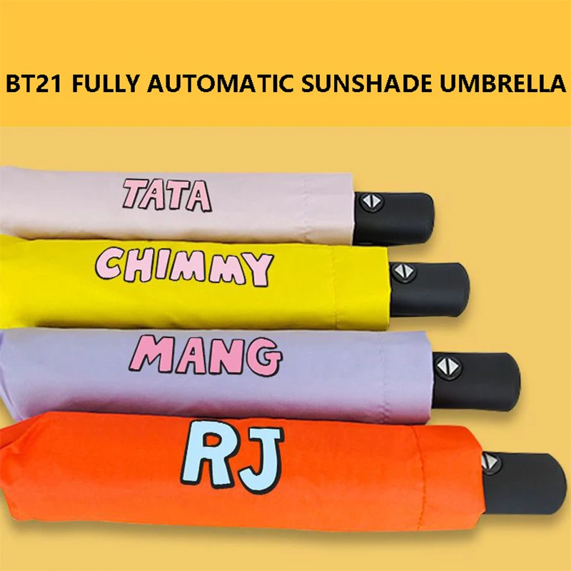 New Bt21 Fully Automatic Umbrella Kawaii Cartoon Tata Summer Rain or Shine Foldable Portable Uv Protection Sunshade ﻿girl Gift