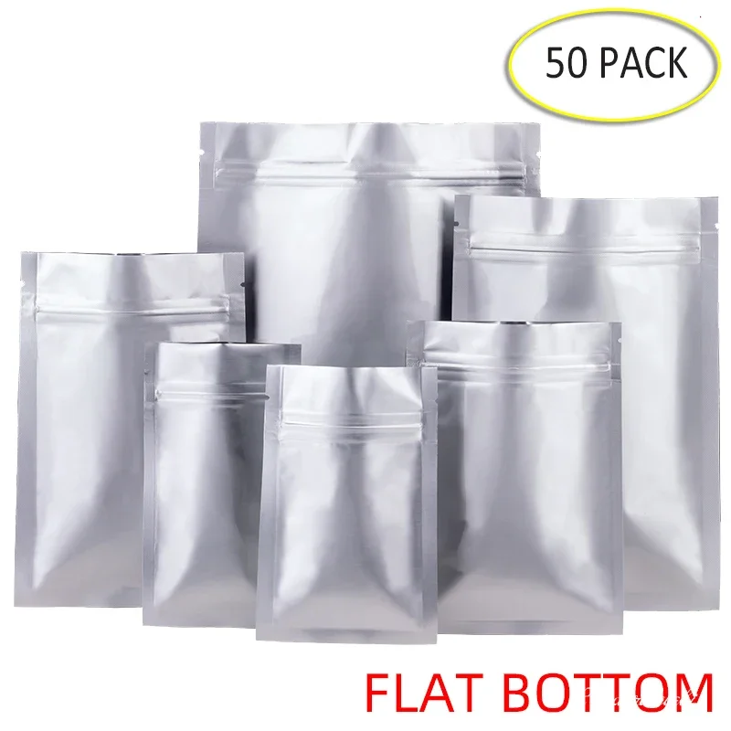 50PCS Aluminum Foil Flat Bottom Ziplock Bags Thick Food Storage Bag Vacuum Sealer Food Packaging Tea Avoid Light Proof