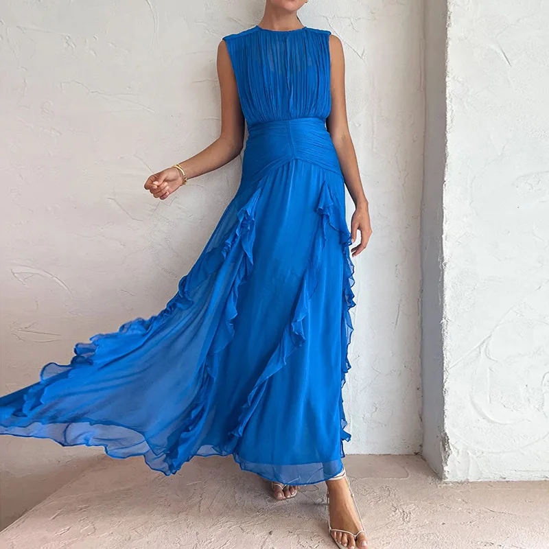 Elegant Blue Chiffon Maxi Dress 2024 Designer Patchwork Pleats Ruffle Neck Sleeveless Wedding Guest Beach Dresses Summer