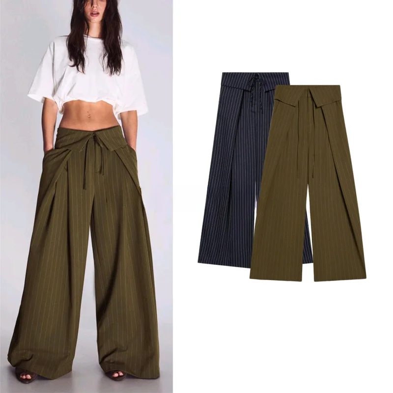 

New Spring Summer Women's Commuter Style Pleated Waist Knot Tie Casual Pants High Waist Wide Leg Polyester Fiber