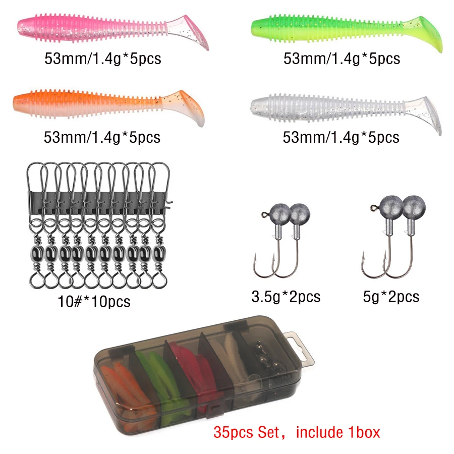 Soft Fishing Lures 35pcs Soft Plastic Lures Set with Box for Trout Redfish Saltwater/Freshwater Fishing