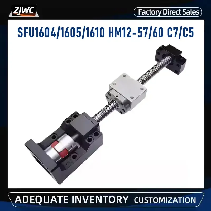 SFU1604 SFU1605 SFU1610 Rolled Ball Screw 100mm-850mm 16mm With BF12 HM12 Motor Mount Bracket Nema23/24+Coupler For CNC Router