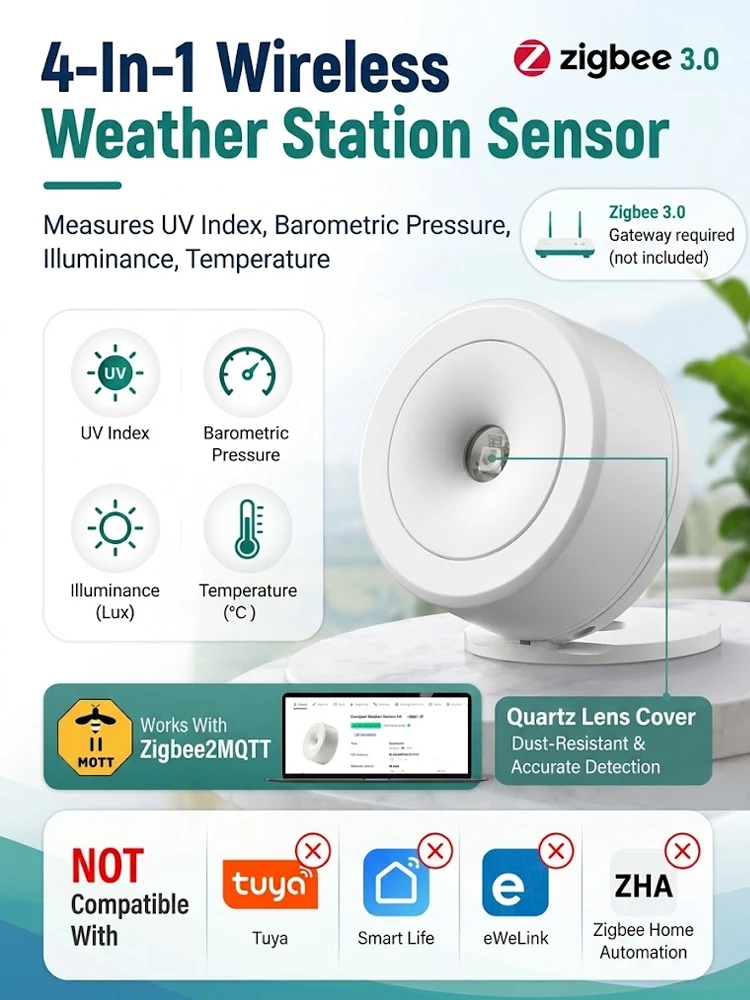 Drahtloser Zigbee-Wetterstationssensor 4-in-1 Echtzeitüberwachung von UV-Index, Barometer, Beleuchtungsstärke, Temperatur, kompatibel mit Zigbee2MQTT