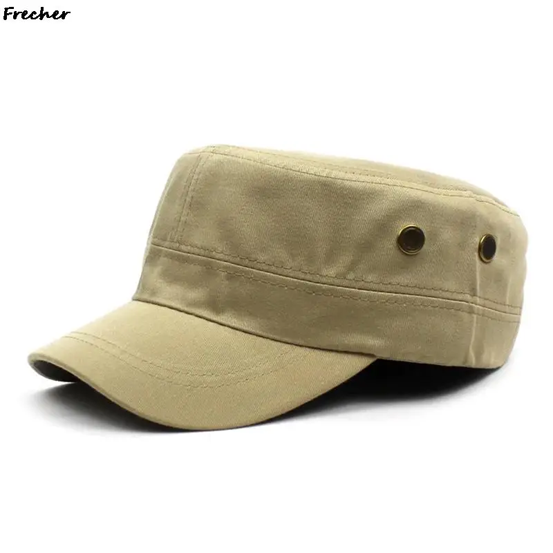 Metal Button Military Hats Summer Autumn Casual Cadet Hat Washed Cotton Flat Top Caps Retro Army Cap Men Outdoor Casquette Visor