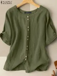 ZANZEA-Blusa de manga corta para mujer, camisa de cuello redondo con botones, informal, holgada, de algodón, color liso