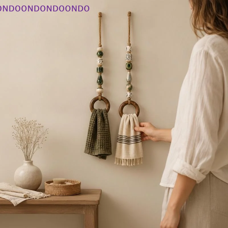 Decorative Beaded Towel Hanger With Wooden Ring Practical Design, Portable For Bathroom Kitchen