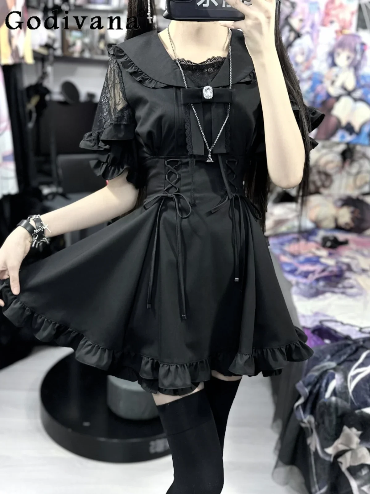 Japanese Mine Mass-produced Shirt Dress Shorts Set Women Lace Splicing Sailor Collar High Waist Slim Black Y2k Two-piece Set