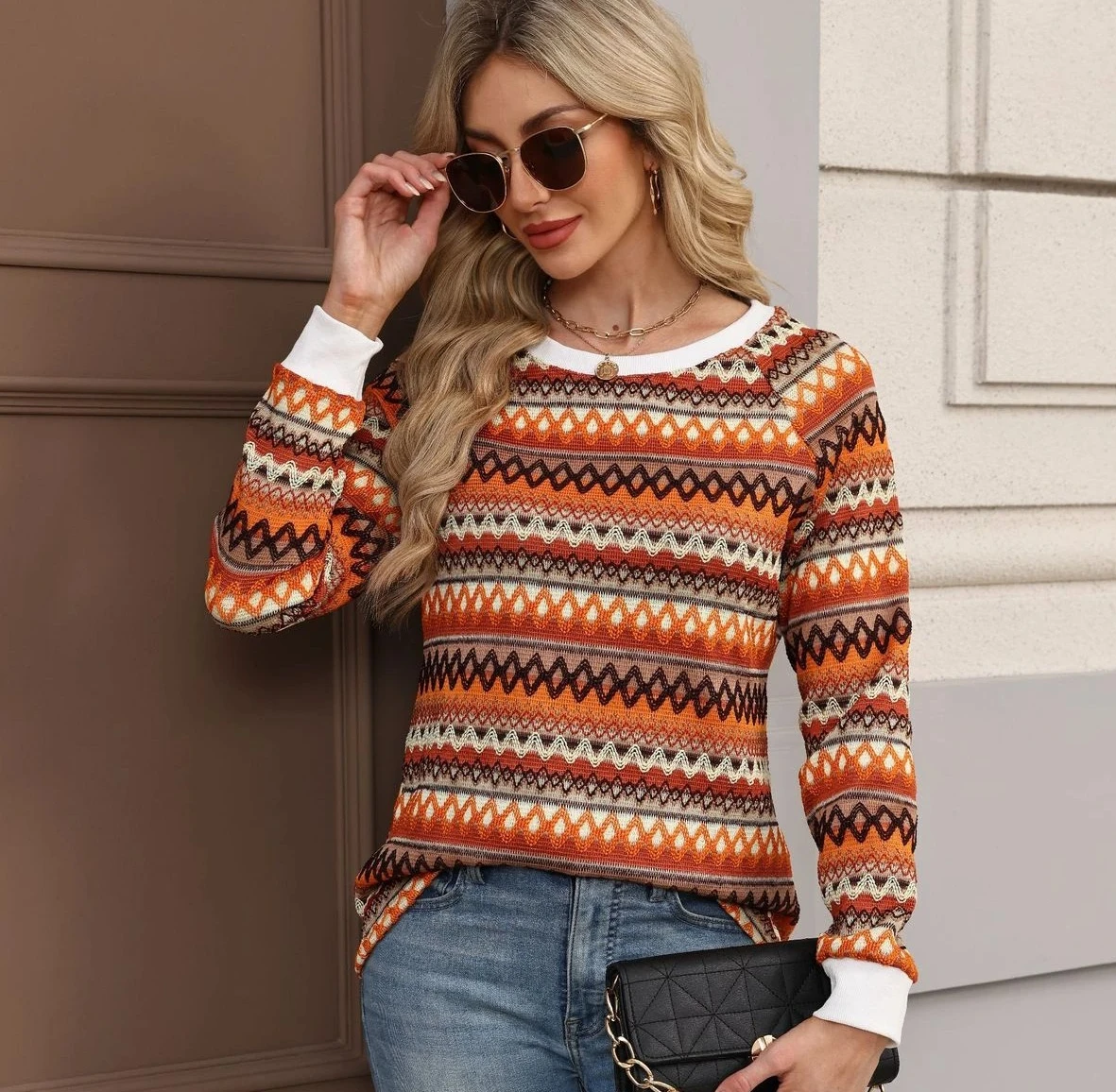 

Женский осенний свитер с длинным рукавом и круглым вырезом, вязаный топ оранжевого цвета