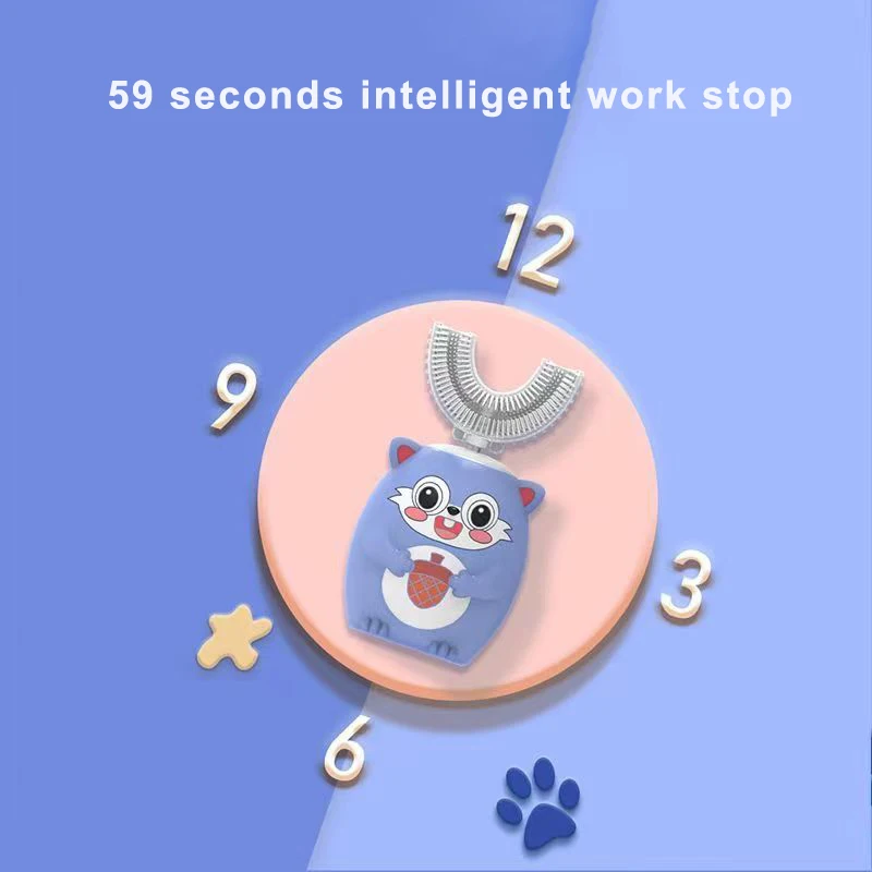 360 Degrees Kids U-shaped Electric Toothbrush USB Charging for Children Cartoon Pattern Smart Sonic Tooth Brush Blue Light IPX7