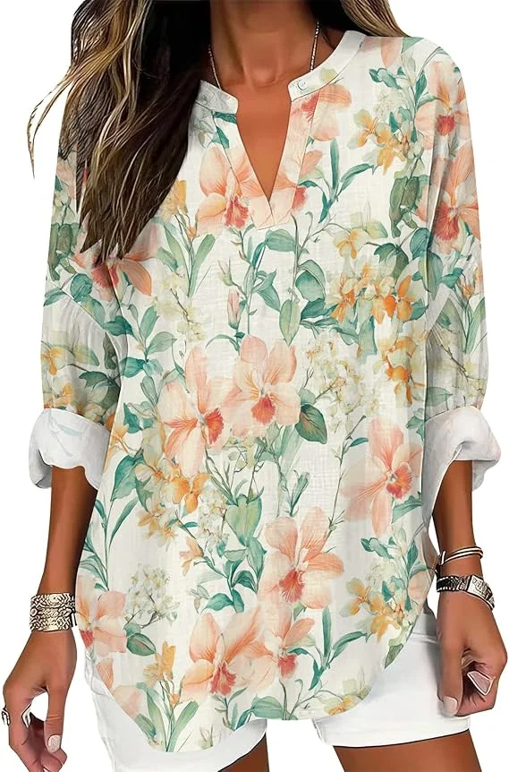 

Vintage Floral V-Neck Shirt Women's Bohemian Floral Wildflower Pattern White Shirt Casual Cottage Summer Versatile T-Shirt