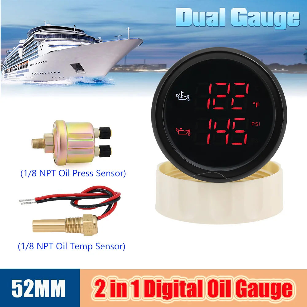 Universelles 52 mm automatisches Öldruck- und Öltemperaturanzeige mit Öldrucksensor, 1/8 NPT, 145 PSI, digitale Messgeräte mit zwei roten LEDs