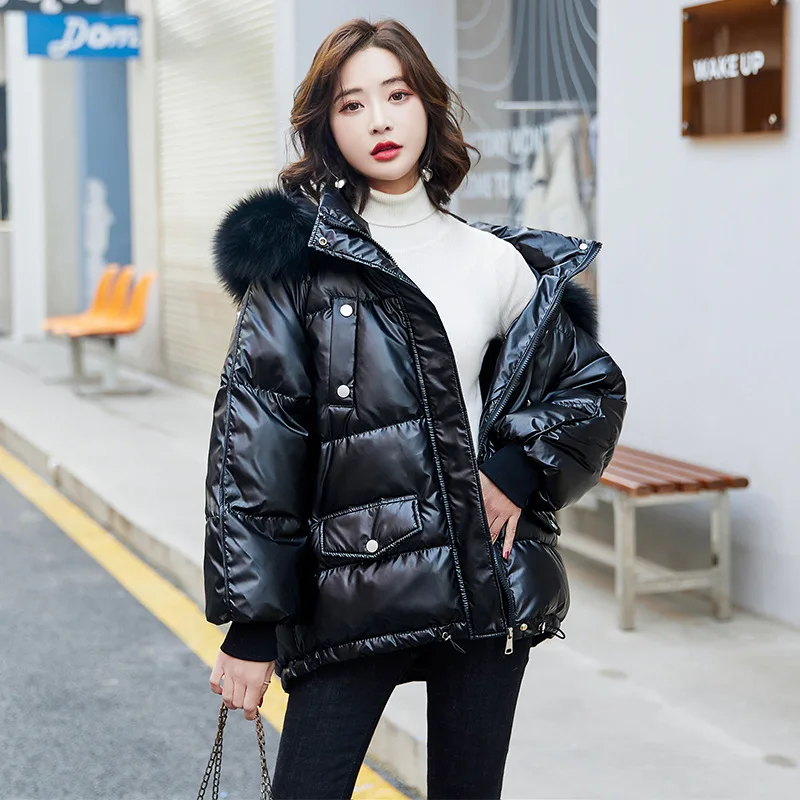 

Bright Face Free Wash Hooded White Duck Down Jacket 2023 New Women Fox Fur Collar Simple Casual Warm Solid Winter Coat