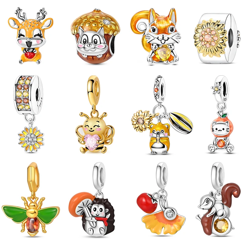 

Autumn Charms 925 Sterling Silver Brown Squirrel Pumpkin Bees Charms Beads Fit 3mm 925 Original Bracelets DIY Jewelry Warm Gifts