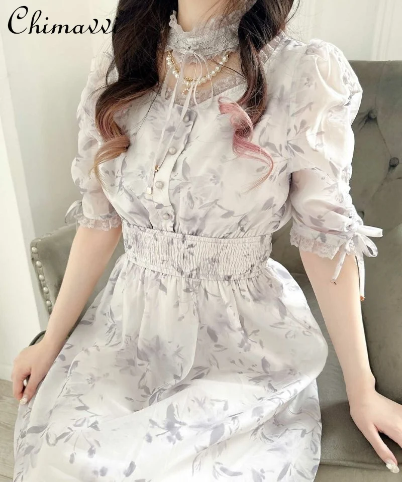 Japanese Sweet Bubble Sleeve Hepburn Style High-end Dress New 2024 Autumn Lolita Kawaii Short-sleeved Elegant Lace Evening Dress