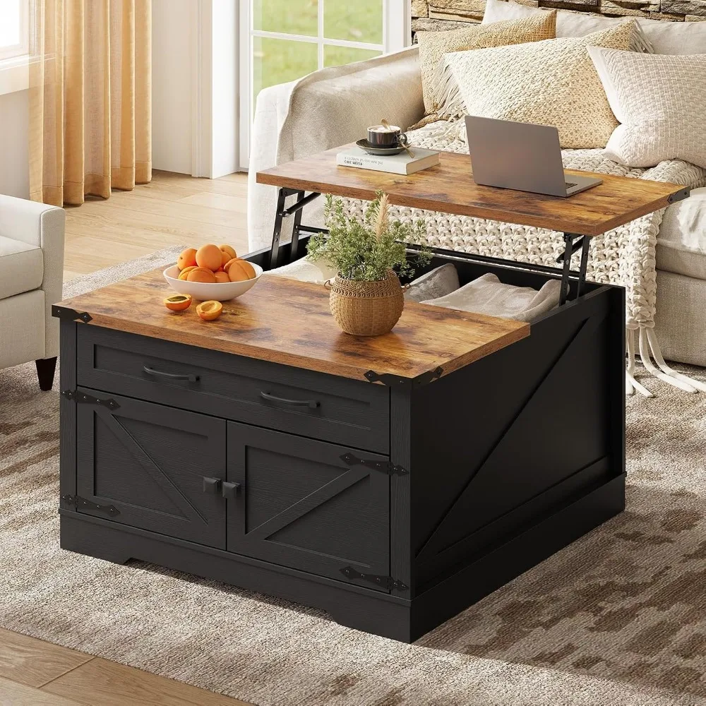 

Farmhouse Lift Top Coffee Table with Storage, Square Wooden Center Table with Drawers for Living Room, Rustic Coffee Table
