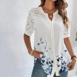 Temperament Casual Lace Woman Shirt Fashion Loose Shirt Woman Elegant Short Sleeve Woman Shirt Holiday Weekend Top