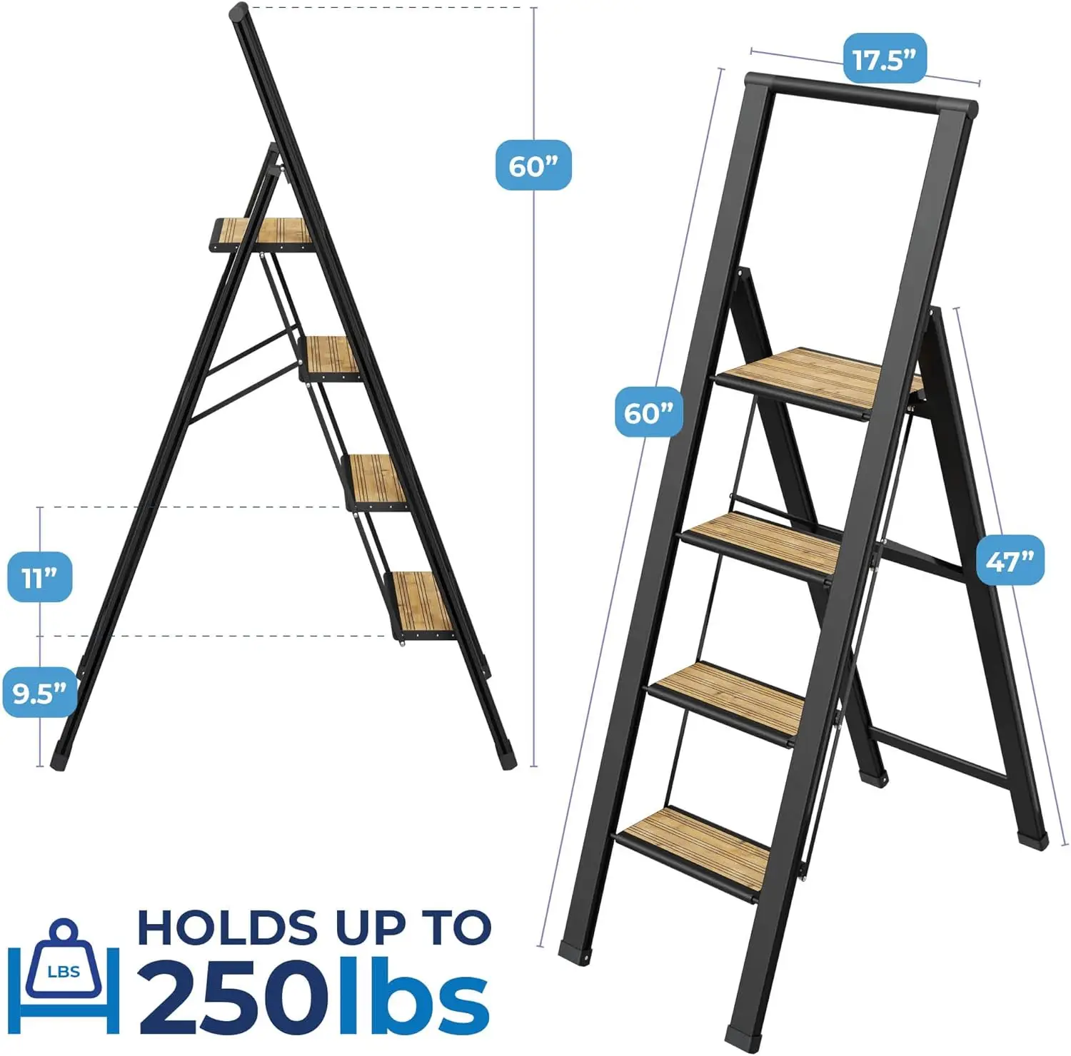 Step Ladder 4 step folding, decorative - Beautiful Bamboo & Black Aluminum, Ultra Slim Profile, Anti Slip Steps, Sturdy-Portable