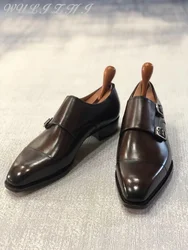 Men's Brown Cowhide Flat Soled Formal Leather Shoes Trendy Double Button Square Toe Banquet Leather Business Oxford Shoes