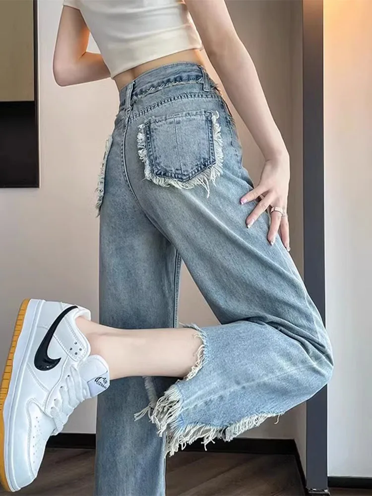 

High Waist Wide Leg Denim Jeans Women's Spring New Sle Loose Frayed Straight Leg Nine Pants Big Size Hole Punching