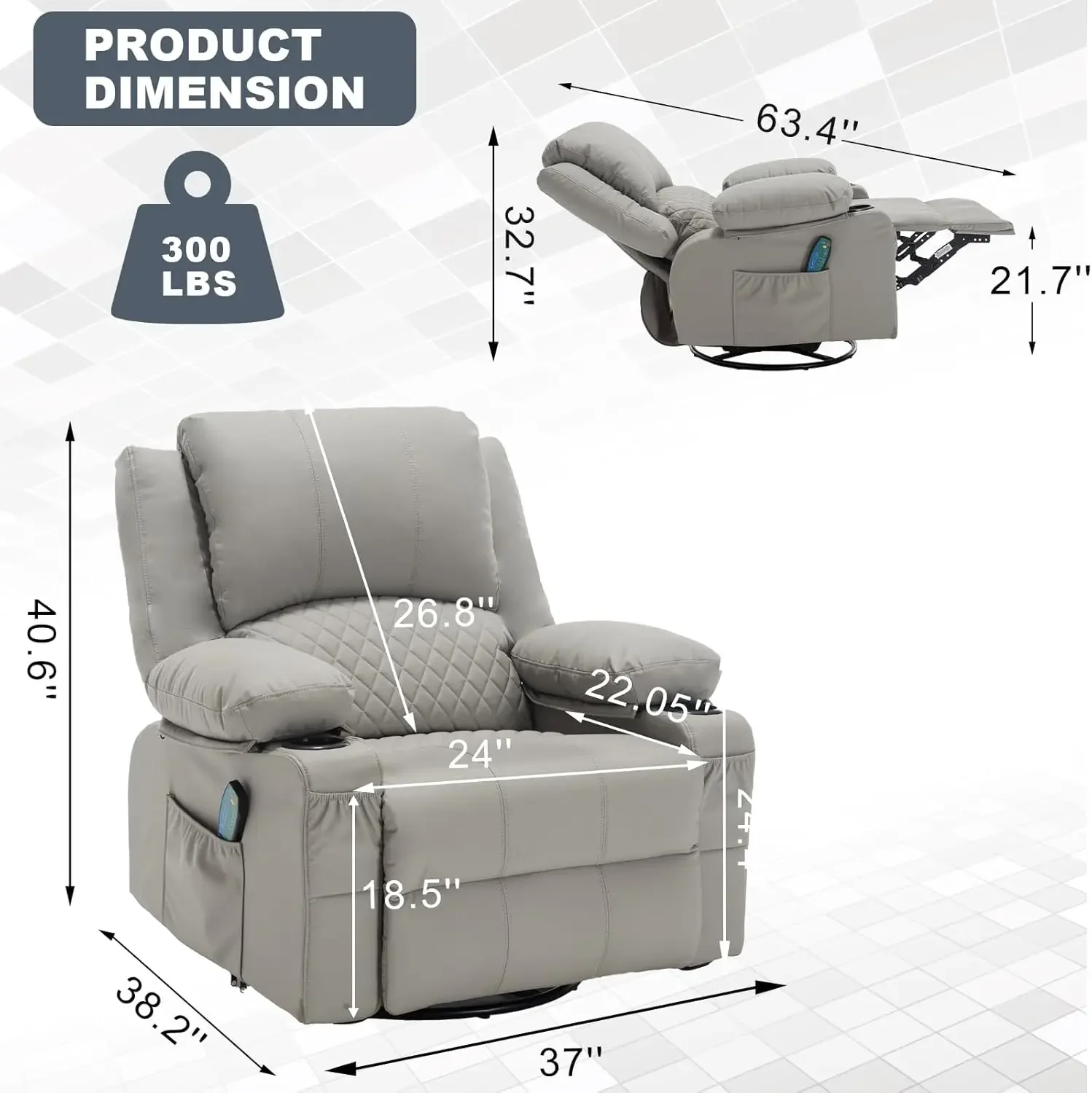 [متجر هيلونج] كراسي هزازة للتدليك مع كراسي يدوية مريحة من الجلد الصناعي الحراري مع حاملات أكواب، G