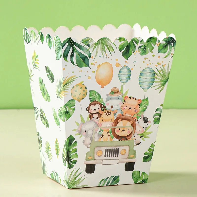 Cajas de palomitas de maíz de dinosaurio y animales de la selva, cajas de golosinas de zoológico, suministros de papel para fiesta de cumpleaños, decoraciones nocturnas de película para Baby Shower