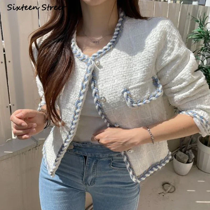 

White Chic Tweed Jacket Women Single-breasted Winter Fall Elegant Woolen Blend Coat Female Business Street Outerwear Luxury