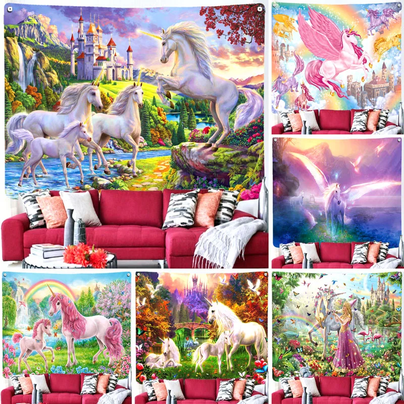 Unicorn Castle Tapestry Bedroom Hippie Bohemian Style Oil Painting Psychedelic Horse Cute Home Door Curtain Decor Wall Hanging