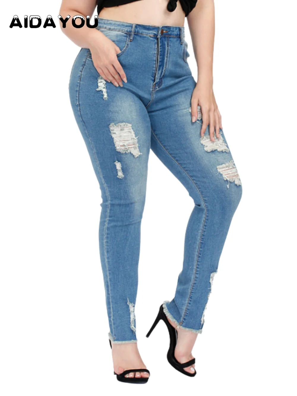 Women's Jeans Ripped  Plus Size Mom Jean Distressed Boyfriend Big Size Jean Tapperd Stretchy Elastic Waist Denim Pants ouc711