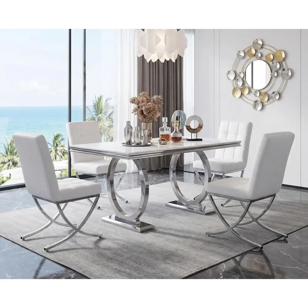 

White Leather Upholstered Dining Chairs Set of 4 with Chrome Legs and High Backs for Home, Kitchen, or Restaurant Use