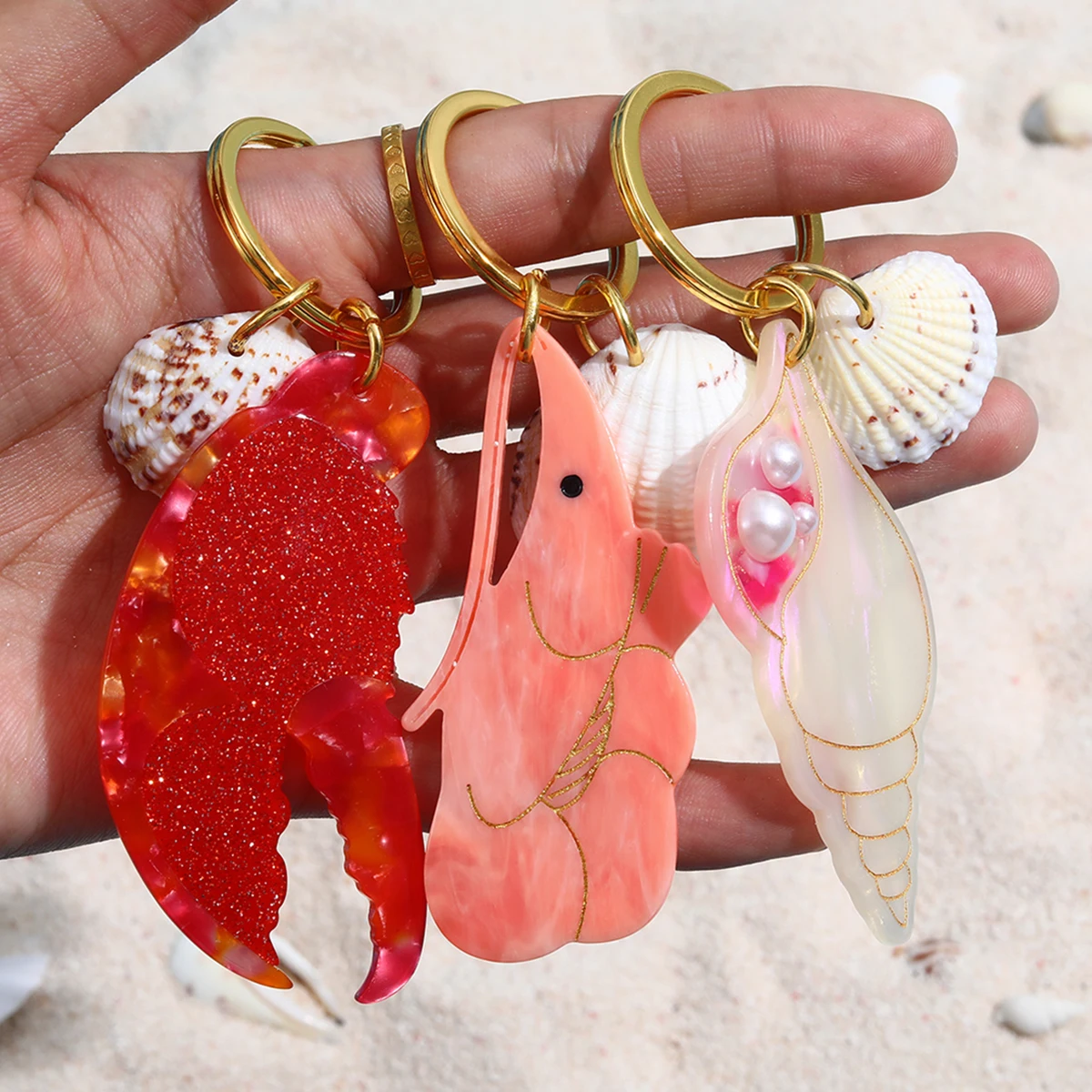 1 pieza de gamba de camarón para vacaciones de verano en el océano, pata de langosta, llavero de concha nacarada, accesorios para llavero