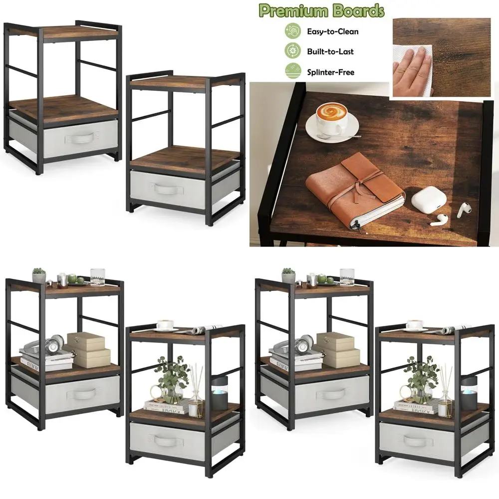 

Pair of Rustic Nightstands with Drawer and Shelf, 16 Small Side Tables for Bedroom, Living Room, or Apartment, Rustic Brown
