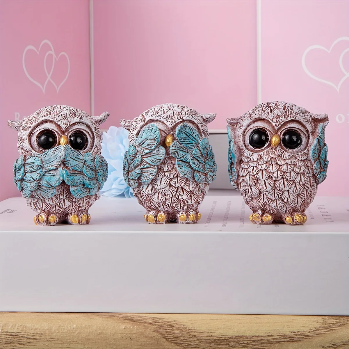 3‌pcs Creative Owl Resin Figurine Set – See Hear Speak Design, Cute Desktop Decor