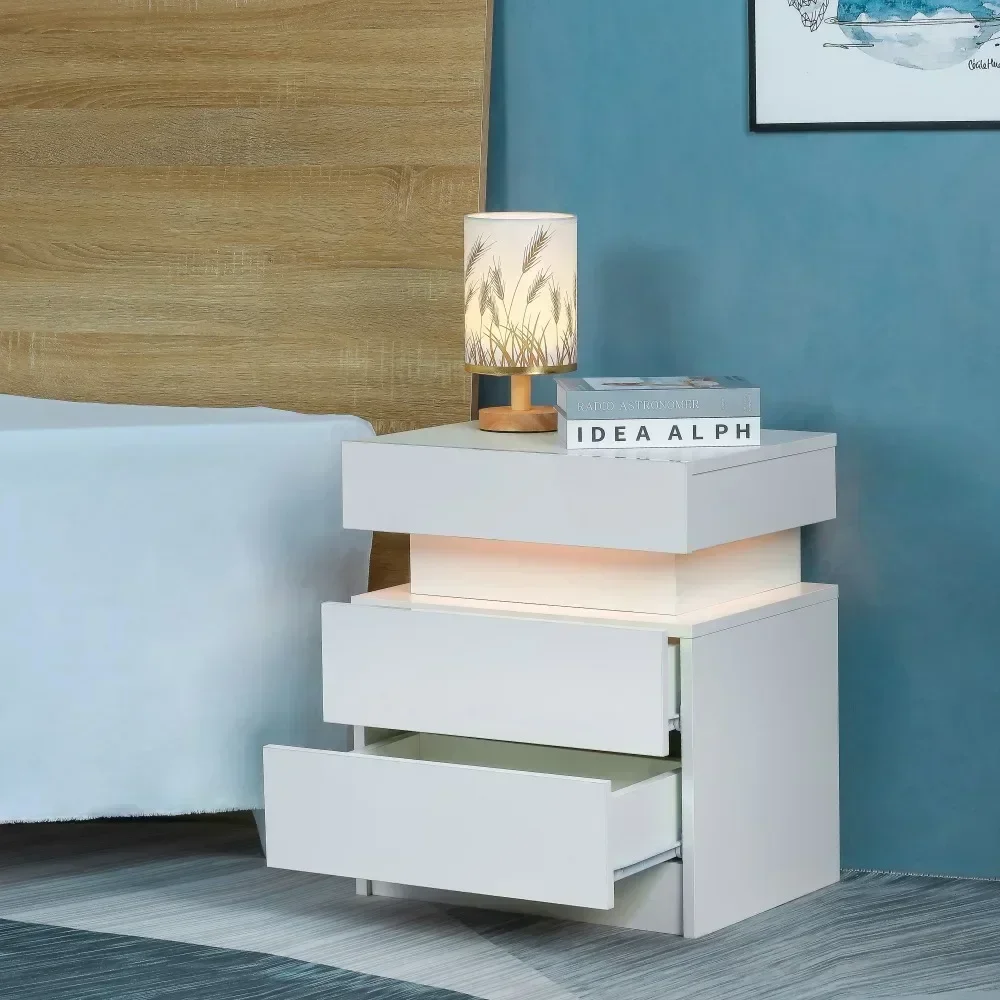 LED Nightstand, with 2 High Gloss Drawers for Bedroom Modern White End Table with Led Lights Wood Led Bedside Table Nightstands